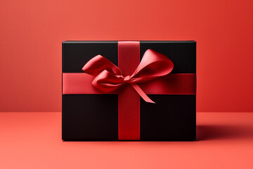 black gift box, red background