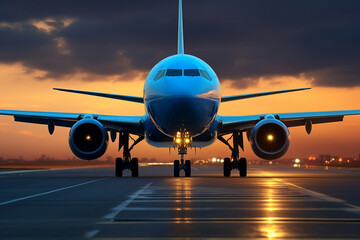 passenger airliner takes off at sunset - obrazy, fototapety, plakaty