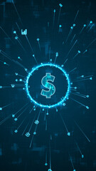 Blue digital money logo and ring rotation around logo with ai icon spread and line linked on abstract background with crypto currency finance and digital money