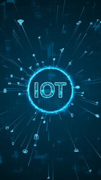 Blue digital IOT logo and ring rotation around logo with ai icon spread and line linked on abstract background with internet of things