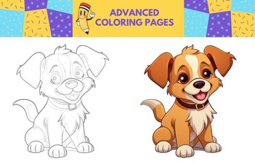 Dog coloring page with colored example for kids. Coloring book