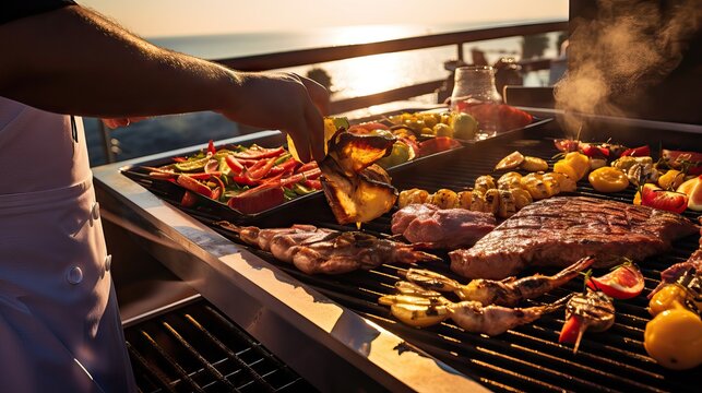 a barbecue sizzling on a grill, set on a balcony that offers breathtaking views of the sea, showing good living, quality time with friends and family, and the  joys of delicious food. Generative AI