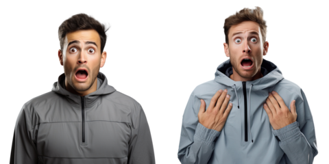 Surprised Caucasian man in sportswear looks speechless and embarrassed