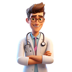 3d Young doctor wearing white coat with stethoscope around the neck isolated on transparent background, generative ai