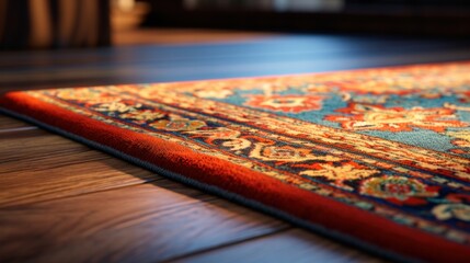 Naklejka premium Close up of moroccan crafted carpet on a wooden floor.