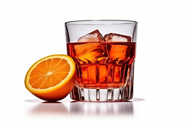 Glass of tasty alcoholic negroni cocktail with orange slice 