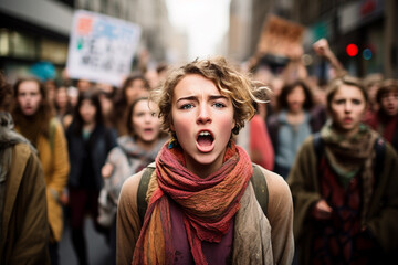 Obraz premium a young girl at a street demonstration