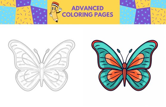 Butterfly coloring page with colored example for kids. Coloring book
