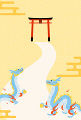 2024年のかわいい辰年年賀状、初詣で神社の鳥居に向かう辰、年賀はがき素材