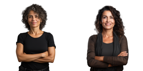 Brazilian woman in middle age standing with crossed arms in front on transparent background