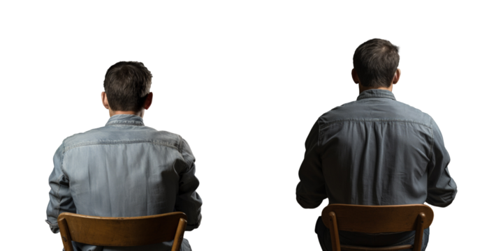 Casual man in denim shirt sitting on wooden chair in front of transparent background in studio viewed from behind