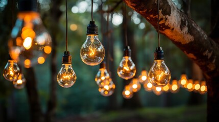 String of light bulbs hanging from a tree. Generative AI. - obrazy, fototapety, plakaty