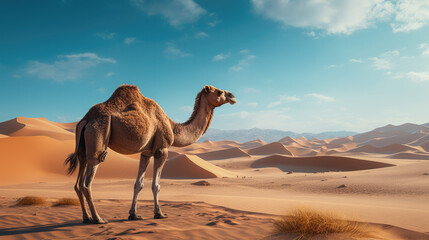 a camel stands in the desert in daylight.