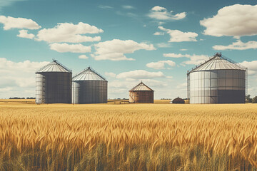 granary and wheat field, grain harvest - obrazy, fototapety, plakaty