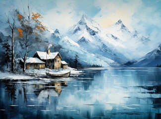 A lake is reflected by the mountains during sunrise, in the style of photo-realistic landscapes, swiss style.
