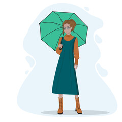 Girl with an umbrella, in the rain. Cartoon illustration in flat style, vector graphic.