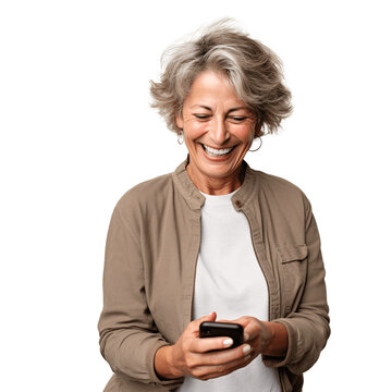 Elderly woman using her smartphone, internet, social media. Isolated on transparent background.