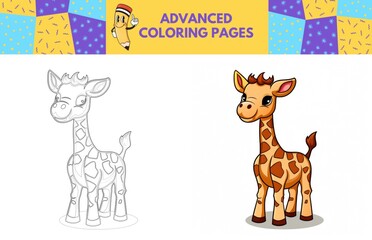 Giraffe coloring page with colored example for kids. Coloring book