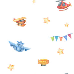 Watercolor seamless pattern, cartoon planes in the air
