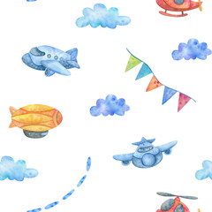 Watercolor seamless pattern, cartoon planes in the air