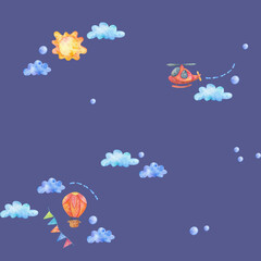 Watercolor seamless pattern, cartoon planes in the air