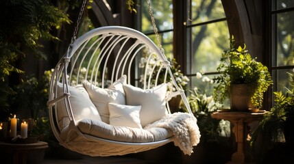 Swing chair with a white cushion hanging from a tree. Generative AI.