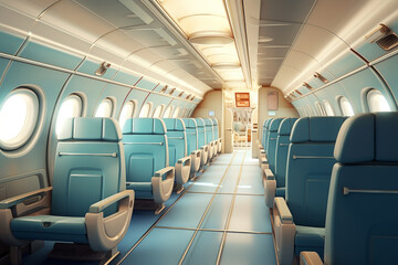 Fototapeta premium empty turquoise passenger cabin of the plane