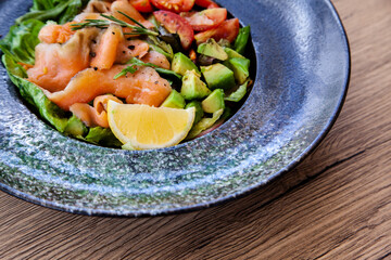 Smoked salmon salad with avocado, healthy food