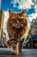 Obraz premium Maine Coon cat walks down a city street.