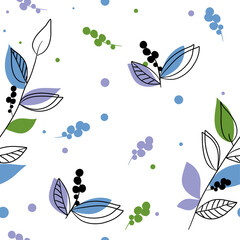 Vector seamless pattern with hand drawing wild plants, floral elements, hand drawing repeating background.