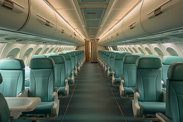 Fototapeta premium empty turquoise passenger cabin of the plane