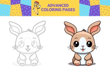 Obraz na płótnie Canvas Rabbit coloring page with colored example for kids. Coloring book