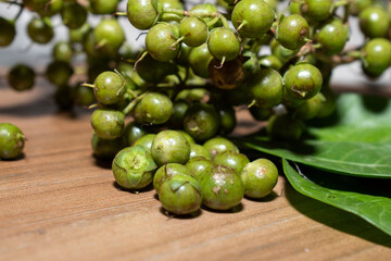 Henna ( Lawsonia inermis) leaves, fruit on wooden background, hair dye medicinal herbs
