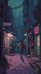 silhouette of a man in a Japanese city, cyberpunk anime style