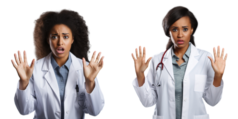 Angry African American doctor isolated wearing white gown gesturing angrily Health concept