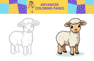 Obraz premium Sheep coloring page with colored example for kids. Coloring book