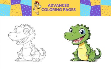 Crocodile coloring page with colored example for kids. Coloring book