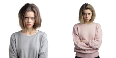 Sad upset angry woman with straight hair dressed in pastel clothes protesting alone on a bright transparent background