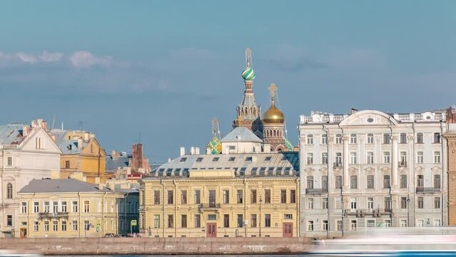 Palace waterfront timelapse with Church of the Savior on Spilled Blood Behind, Saint Petersburg, Russia. Captured from Zayachy Island