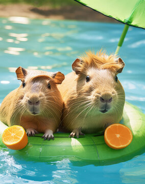 Capybaras swim in a rubber pool