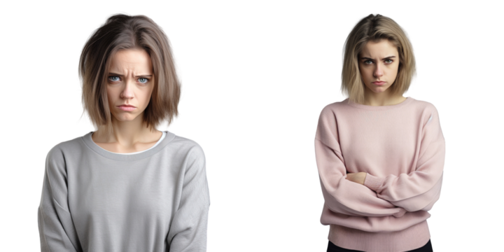 Sad upset angry woman with straight hair dressed in pastel clothes protesting alone on a bright transparent background