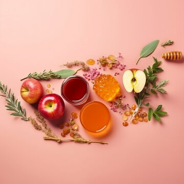 Background image of apples and honey - Rosh Hashanah.
