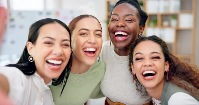 Selfie, funny face and teacher friends in a classroom at school together for education, learning or child development. Portrait, study and laughing with a group of women posing for a picture in class
