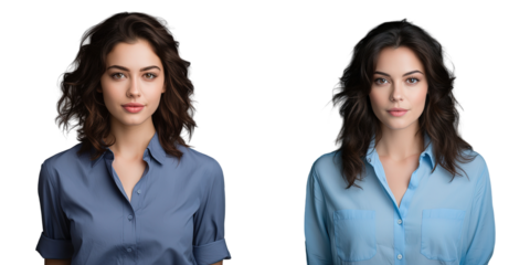 Picture of a pretty young woman with brown hair pointing at nothing wearing a blue shirt against a transparent background