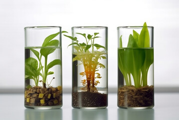 researchers in a lab with plants growing in different containers, in the style of soft focus lens