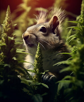 Cute squirrel in a marijuana field