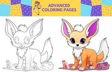 Fennec Fox coloring page with colored example for kids. Coloring book