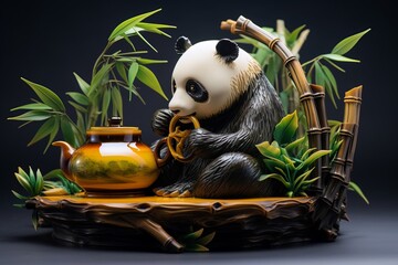 Diorama statuette with panda in bamboo grove