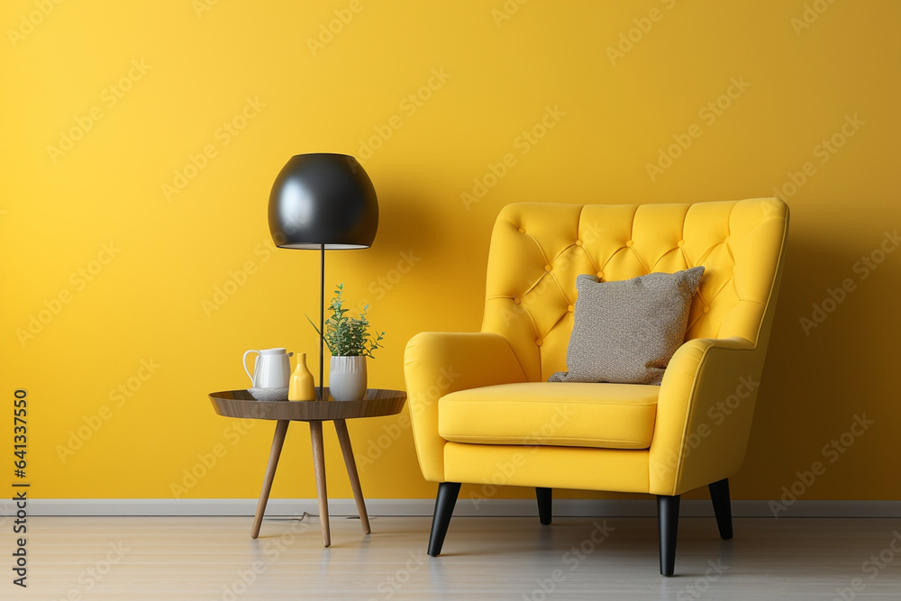 Poster an armchair and a lamp in a yellow interior