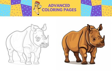 Rhinoceros coloring page with colored example for kids. Coloring book
